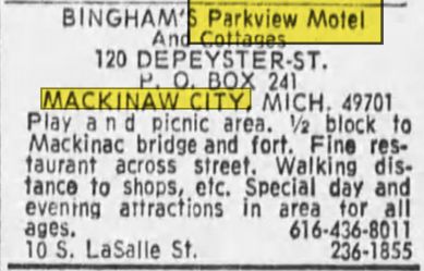 Binghams Parkview Motel - Jul 1973 - Chicago Tribune Ad (newer photo)